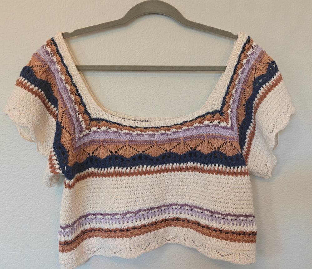 Pol Size L Wide Neck Crochet Crop Top Short Sleeve Cream Brown Navy Lilac